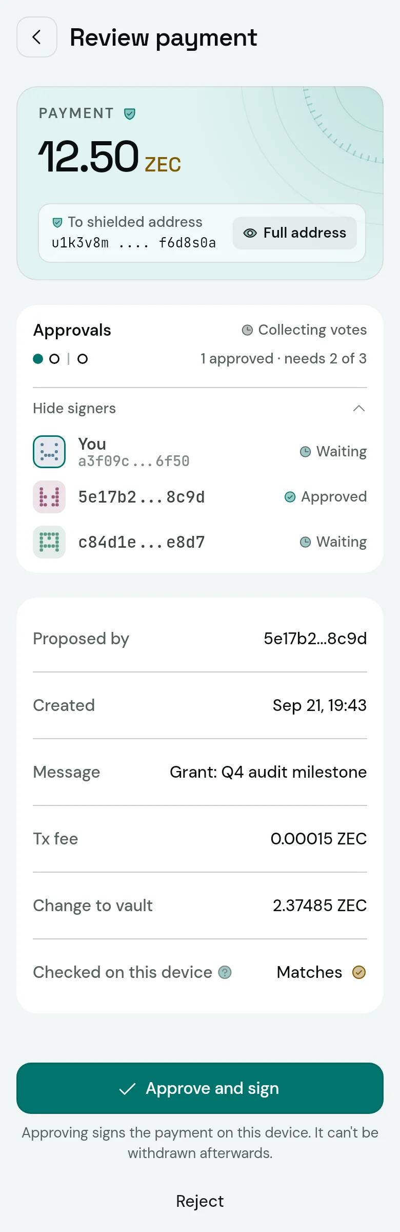 The payment's details on the review screen, checked on this device: matches